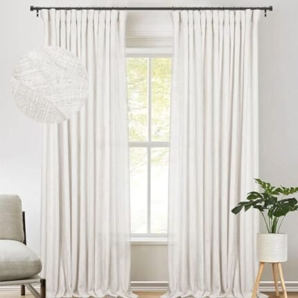 zeerobee Beige White Linen Curtains for Living Room/Bedroom Linen Curtains 96 Inches Long 2 Panels Linen Drapes Farmhouse Pinch Pleated Curtains Light Filtering Privacy Curtains, W50 x L96