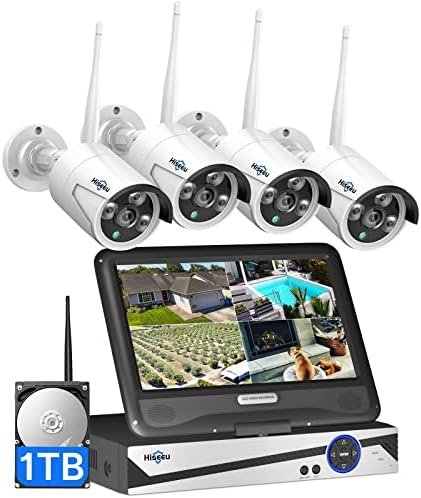 [10CH Expandable] Hiseeu Wireless Security Camera System with 10in LCD 4K Monitor, 4Pcs 5MP Outdoor Indoor Cameras with One-Way Audio, Waterproof, Motion Detect, 1TB HDD/Cloud Storage, Work with Alexa