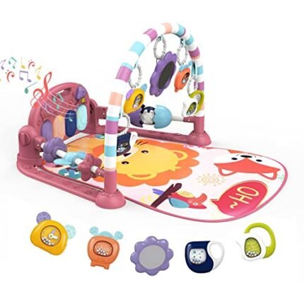 dearlomum Baby Play Mat Baby Gym,Funny Play Piano Tummy Time Baby Activity Mat with 5 Infant Sensory Baby Toys, Music and Lights Boy & Girl Gifts for Newborn Baby 0 to 3 6 9 12 Months (New Pink)