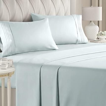 Queen Size 4 Piece Sheet Set - Comfy Breathable & Cooling Sheets - Hotel Luxury Bed Sheets for Women & Men - Deep Pockets, Easy-Fit, Extra Soft & Wrinkle Free Sheets - Ice Blue Oeko-Tex Bed Sheet Set