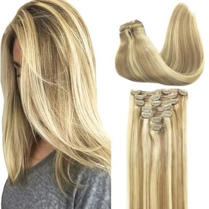 GOO GOO Clip-in Hair Extensions for Women, Soft & Natural, Handmade Real Human Hair Extensions,Light Blonde Highlighted Golden Blonde, Long, Straight #(P16/22), 7pcs 120g 16 inches