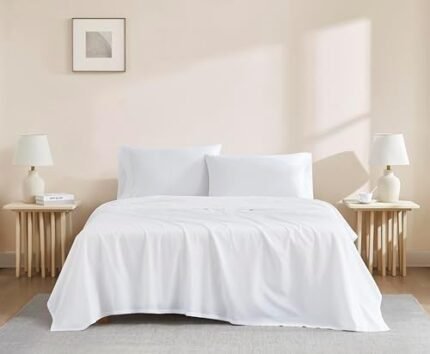 Linen Closet Luxury Cotton 144 Thread Count Organic Cotton 3-Piece Sheet Set,Twin XL, Arctic White