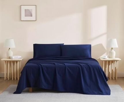 Linen Closet Luxury Cotton 144 Thread Count Organic Cotton 4-Piece Sheet Set, Full, Navy