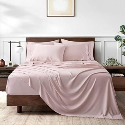 American Home Collection Viscose Made from Bamboo Sheet Set - Silky Soft, Cooling for hot Sleepers - Deep Pocket fit 18" Mattress - Hotel Luxury Sateen Bed Sheet (Full, Pink)