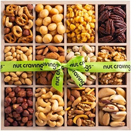 Nut Cravings Gourmet Collection - Mixed Nuts Gift Basket in Reusable Wooden Tray + Green Ribbon (12 Assortments) Easter Arrangement Platter, Healthy Kosher USA Made