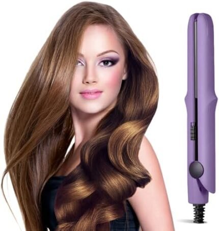 2-in-1 Mini Curling Wand Flat Iron Hair Straightener, Mini Dual Purpose Curling Iron, Portable Travel Straightener and Curling Iron Mini Curling Wand for Short Hair, All Hair Types (Dark Purple)