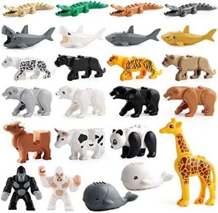 24 PCS Animals Building Blocks Toy, Animal Figures Minifigures Building Set for Kids, Jungle Zoo City Animal Bricks Toy with Orangutan Panda Giraffe etc, Accessories Bricks Compatible with Major Brand