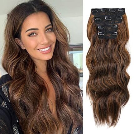 4PCS Clip in Hair Extensions 20Inch Long Wavy Hair Extensions Clip ins Synthetic Thick Hair Piece for Women(Dark Brown Mix Caramel Brown)