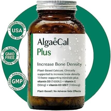 ALGAECAL Plus - Organic Red Algae Calcium Supplement, Vitamin K2 MK7 (100mg), Vitamin D3 (1600 IU), Magnesium (250mg) & Trace Minerals, for Bone Health & Strength, Easy to Swallow, 120 Veggie Caps