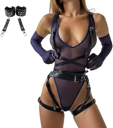 ALLOVME Leather Body Harness, Sexy Chain Belt Chest Harness and Leg Harness Lingerie Set with Handcuffs