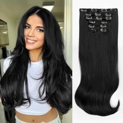 ALXNAN Clip in Hair Extension, 7PCS Hair Extension Thick Long Stright Layered Hair Extensions Black 20 Inch Invisible Lace Weft Hair Extensions for Women