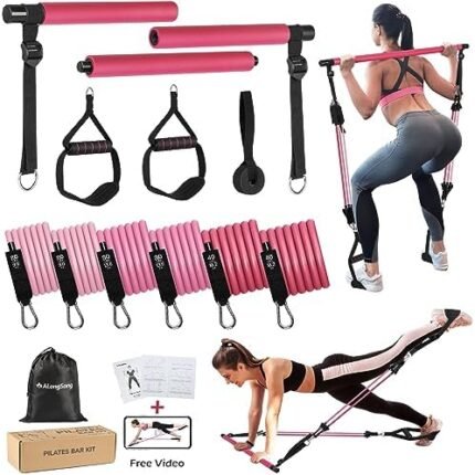 ALongSong Portable Pilates Bar Kit with Resistance Bands for Women & Men，Upgraded 3 Section Pilates Bar with Stackable Bands for Home Gym Exercise Fitness Equipment Supports Full-Body Workouts