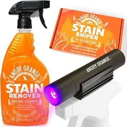 ANGRY ORANGE Odor Eliminator & Pet Stain Remover - Carpet Cleaner for Pets, Citrus Scented Dog Pee Deodorizing Spray and Enzyme Cleaner for Home with UV Flashlight