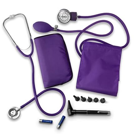 ASA TECHMED Nurse Essentials Starter Kit with Handheld Travel Case | 3 Part Kit Includes Adult Aneroid Sphygmomanometer Blood Pressure Monitor, Stethoscope, Mini Diagnostic Otoscope (Purple)