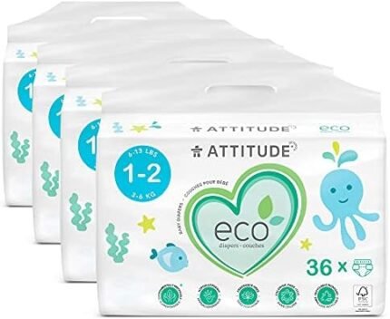 ATTITUDE Biodegradable Baby Diapers NonToxic EcoFriendly Safe for Sensitive Skin ChlorineFree LeakFree Size lbs 4 Packs of 36, Plain White (Unprinted), Fragrance Free, 144 Count