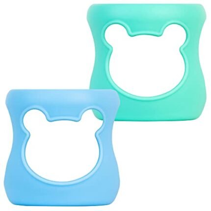 Aelop 100% Silicone Baby Bottle Sleeves for Philips Avent Natural Glass Baby Bottles, Premium Food Grade Silicone Bottle Cover, Cute Bear Design, 4oz, Pack of 2 (Blue/Turquoise)