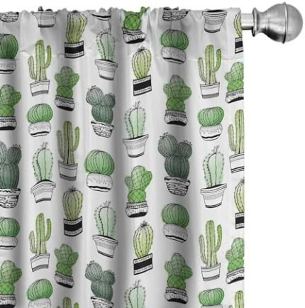 Ambesonne Cactus Window Curtains, Hand Drawn Foliage Pattern with Ornamental Pottery Design Sketch Style Art, Lightweight Decor 2-Panel Set with Rod Pocket, Pair of - 28" x 84", Green Black