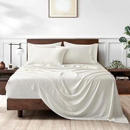 American Home Collection Viscose Made from Bamboo Sheet Set - Silky Soft, Cooling for hot Sleepers - Deep Pocket fit 18" Mattress - Hotel Luxury Sateen Bed Sheet (Queen, Ivory White)