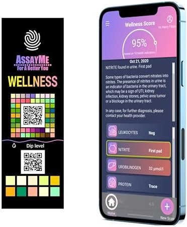 AssayMe Wellness Urine Home Test Strips with Mobile App. Home Kidney Test Illustrated of Your Health Based on Leukocytes, pH, Keto, Protein end More. Urinalysis Test Strips.