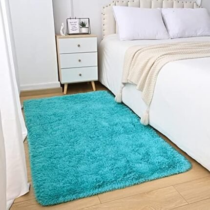 Astorug Shaggy Fluffy Rugs for Bedroom 3x5 Feet Soft Rug for Dorm Fuzzy Carpet for Kids Room Playroom Bedside Rug for Home Decor,Cyan Blue Area Rugs for Girls Boys Bedroom