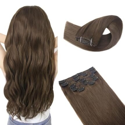 Atbering Clip in Hair Extensions Real Human Hair, Invisible Chocolate Brown Hair Extensions Clip ins for Short or Thin Hiar, Natural Remy Clip on Straight Hair Extensions 16inch 115g 7pcs