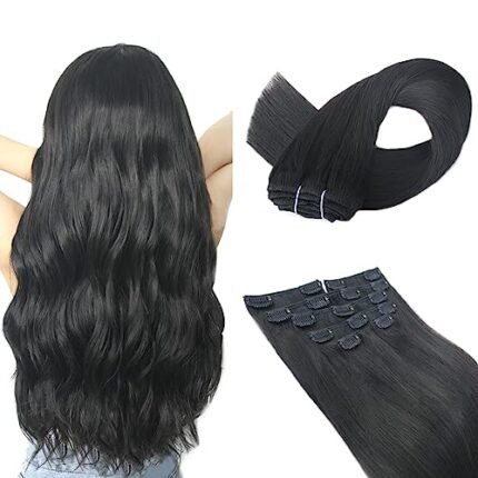 Atbering Clip in Hair Extensions Real Human Hair, Seamless Jet Black Hair Extensions Clip ins for Short or Thin Hiar, Natural Remy Clip on Straight Hair Extensions 20inch 120g 7pcs for Gift