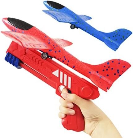 Aucess Boy Toys 2 Pack Airplane Launcher Toys, 2 Flight Modes Outdoor Throwing Foam Glider with Catapult Plane Gun Birthday Gift for 5+ Years Old Kid