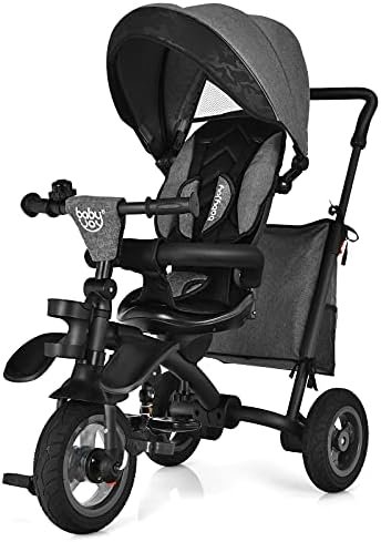 BABY JOY Toddler Tricycle, 7 in 1 Folding Steer Trike w/Rotatable Seat, Adjustable Canopy, Push Handle, Guardrail, Safety Harness, Brakes, Cup Holder & Storage, Tricycle for Toddlers Ages 1.5-5, Black