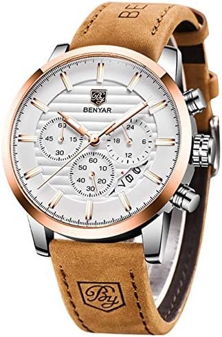 BENYAR Quartz Chronograph Waterproof Watches Business and Sport Design Leather Band Strap Wrist Watch for Men