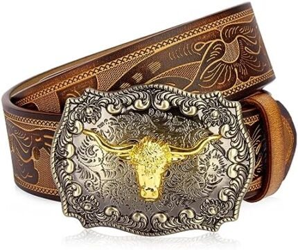 BISON DENIM Men's Western embossed Genuine leather belts with golden Cowboy Longhorn Bull Buckle Belt