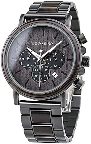 BOBO BIRD Mens Wooden Watches Business Casual Wristwatches Stylish Ebony Wood & Stainless Steel Combined Chronograph