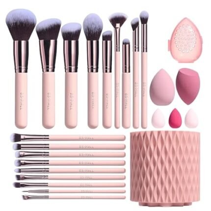 BS-MALL Makeup Brushes Premium Synthetic Foundation Powder Concealers Eye Shadows 18 Pcs Brush Set with 5 sponge & Holder Sponge Case (A-Pink)