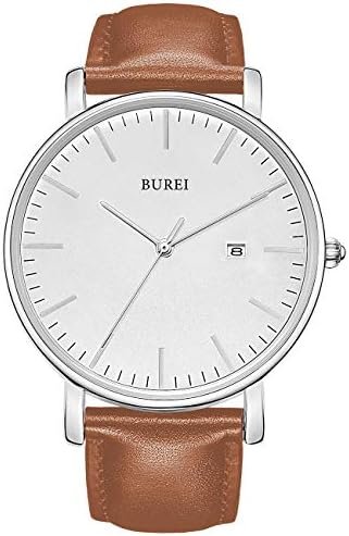 BUREI Men's Fashion Minimalist Wrist Watch Waterproof Watches Simple Ultra Thin Watches Analog Quartz Date with Brown Black Leather Strap