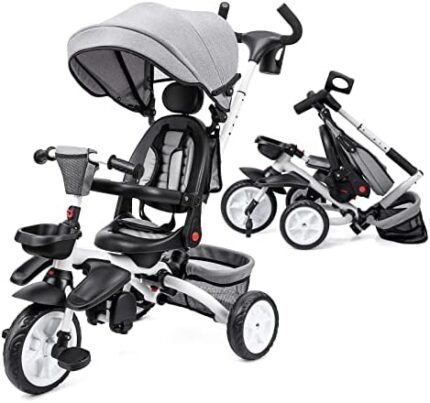 Babevy Baby Tricycle, 7 in 1 Folding Toddler Tricycle w/Removable Adjustable Push Handle, Canopy, Rotatable Seat, Safety Harness, Cup Holder & Storage, Trike for 1-5 Year Old (Gray)