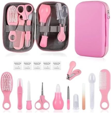 Baby Grooming Kit, Infant Safety Care Set with Hair Brush Comb Nail Clipper Nasal Aspirator Ear Cleaner,Baby Essentials Kit for Newborn Girls Boys (Pink Baby Grooming kit)