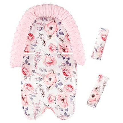 Baby Head Support and Strap Cover for Car Seat, Minky Infant Carseat Headrest for Girls, Newborn Car Seat Insert Cushion for Strollers, Pink Floral