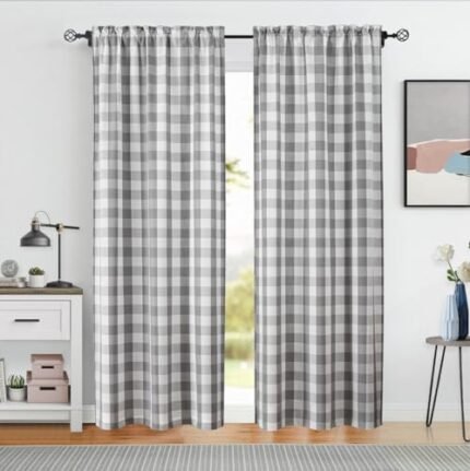 Bapawfish Buffalo Plaid Checkered Grey and White Window Curtain Panels 84 inches Length, Gingham Rod Pocket Window Treatment Drapes, for Bedroom & Living Room, 2 Panels,40"x84", Gray