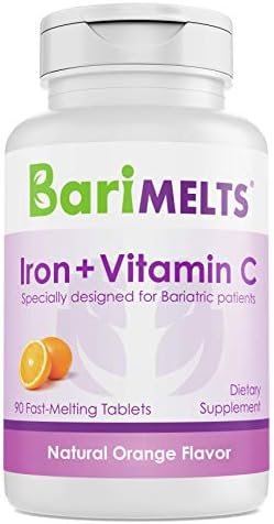 BariMelts Iron with Vitamin C, Dissolvable Bariatric Vitamins for WLS Patients Including Gastric Bypass and Sleeve Gastrectomy, Natural Orange Flavor, Sugar-Free - 90 Fast Melting Tablets