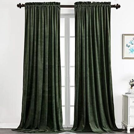 Benedeco Green Velvet Curtains for Bedroom Window, Super Soft Luxury Drapes, Room Darkening Thermal Insulated Rod Pocket Curtain for Living Room, W52 by L84 inches, 2 Panels