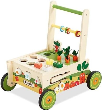 Beright 12-in-1 Wooden Baby Walker, Push and Pull Learning Activity Walker, Multiple Activities Center, Shape Sorting, Grocery Cart Push Toy and Puzzles, Develops Motor Skills & Stimulates