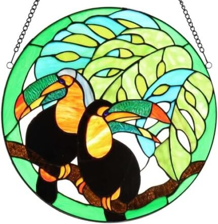 Bieye W10070 Pair of Toucans in The Swiss Cheese Plant Tiffany Style Stained Glass Window Panel, Round Shape, 16 inches Wide