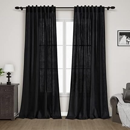 Black Linen Curtains 84 inches Long 2 Panels for Bedroom Back Tab Light Filtering Privacy Sheer Black Curtains Muslin Look Modern Farmhouse Cotton Textured Gauze Curtain for Living Room 2 Panel Set