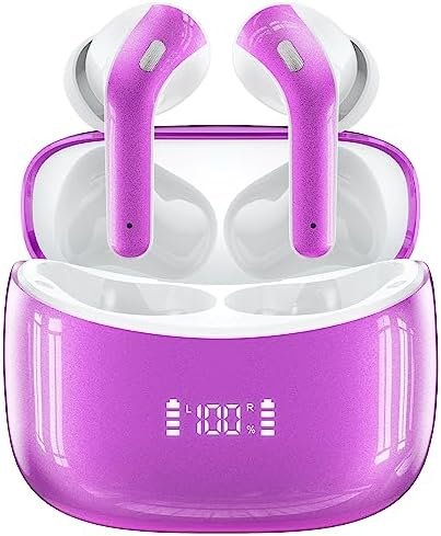 Bluetooth Headphones Wireless Earbuds 60H Playtime Ear Buds with LED Power Display Charging Case Earphones in-Ear Earbud with Microphone for Android Cell Phone Computer Laptop Sport Rose Purple