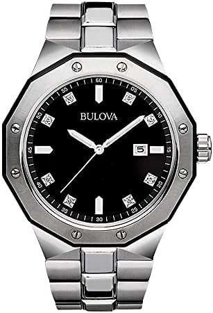 Bulova Men's Classic Stainless Steel 3-Hand Date Quartz Watch with Diamonds and Day Date, 44mm