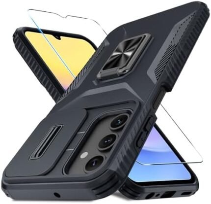 CASEJEEN for Samsung Galaxy A15 5G Case with Tempered Glass Screen Protector and Camera Lens Cover,Rotated Ring Stable Kickstand,Heavy Duty Shockproof Protective Phone Cover-Black