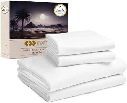 California Design Den Certified 100% Egyptian Cotton Sheets King Size Sheets Set, Luxury Deep Pocket King Sheets, 4 Piece Bedding Sheets & Pillowcases Set, Wrinkle-Resistant, Cool Durable White Sheets