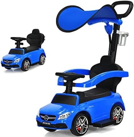 Costzon Push Car for Toddlers, 3 in 1 Mercedes Benz Stroller Sliding Walking Car w/Canopy, Handle, Safety Bar, Cup Holder, Music, Underneath Storage, Foot-to-Floor Ride On Toy for Boys & Girls, Blue