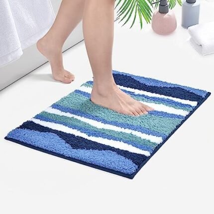 Cozary Bathroom Rug Mat 17x24 Ultra Absorbent Soft Bath Rug Blue Bathroom Rug Non Slip for Tub, Shower and Bath Room Plush Floor Carpet Machine Washable Quick Dry Bedroom Door Mat Living Room Rug