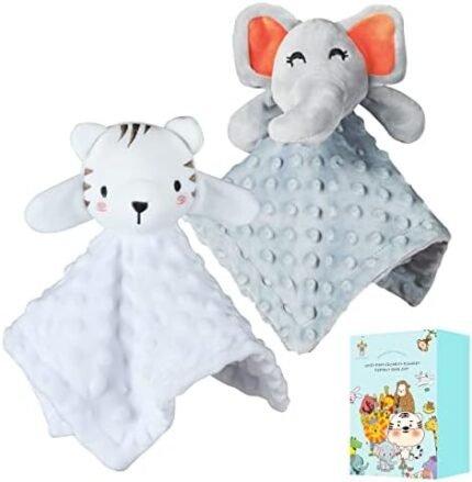 Cute Castle Security Blanket Baby Gifts Box - Soft Unisex Newborn Essentials for Boys and Girls - Neutral Baby Stuff Snuggle Cloths for Baby Registry Search Shower (White Tiger & Grey Elephant)