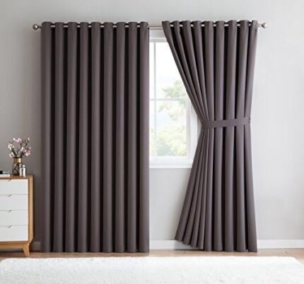 DecoSource - 2 Wall-to-Wall Blackout Grommet Curtains Panels - 132 Inch Long with Tiebacks - Total Size 216 Inch Wide (108 Each Panel) - Solid Thermal Insulated (108" x 132", Charcoal)